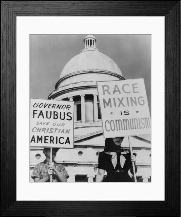 Framed Print : A mother and her son hold signs equating school integration with communism and segregation with Christianity. At the Arkansas state capitol in Little Rock. 1959 Framed Print : A mother and her son hold signs equating school integration with communism and segregation with Christianity. At the Arkansas state capitol in Little Rock. 1959
