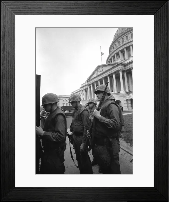 Framed Print : Soldiers stand guard near US Capitol, during 1968 riots following the assassination of Martin Luther King. April 8, 1968 Framed Print : Soldiers stand guard near US Capitol, during 1968 riots following the assassination of Martin Luther King. April 8, 1968
