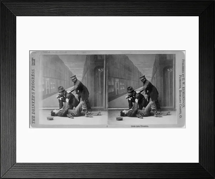 Framed Print : The drinker's progress: Gets into trouble, stereograph showing a studio scene of a policeman intervening in a fight, against a painted backdrop, stereo photograph by G.W Framed Print : The drinker's progress: Gets into trouble, stereograph showing a studio scene of a policeman intervening in a fight, against a painted backdrop, stereo photograph by G.W