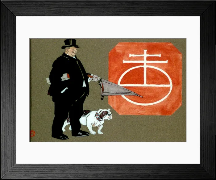 Framed Print : A large man with a top hat, an umbrella, and a bulldog, original title: Fat man holding closed umbrella with bulldog, watercolor by Edward Penfield, circa 1884-1925 Framed Print : A large man with a top hat, an umbrella, and a bulldog, original title: Fat man holding closed umbrella with bulldog, watercolor by Edward Penfield, circa 1884-1925
