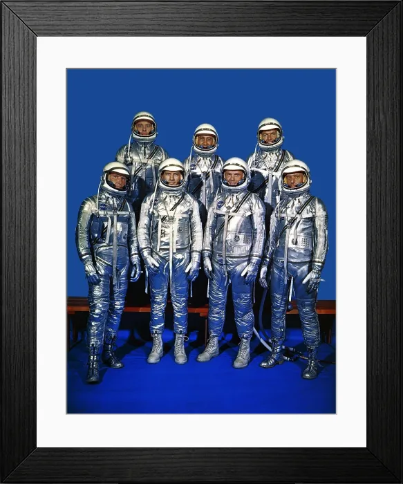 Framed Print : Project Mercury astronauts in their space suits. Front row, left to right, Walter H. Schirra Jr. Donald K. Slayton, John H. Glenn Jr. and Scott Carpenter; back row, Alan B Framed Print : Project Mercury astronauts in their space suits. Front row, left to right, Walter H. Schirra Jr. Donald K. Slayton, John H. Glenn Jr. and Scott Carpenter; back row, Alan B