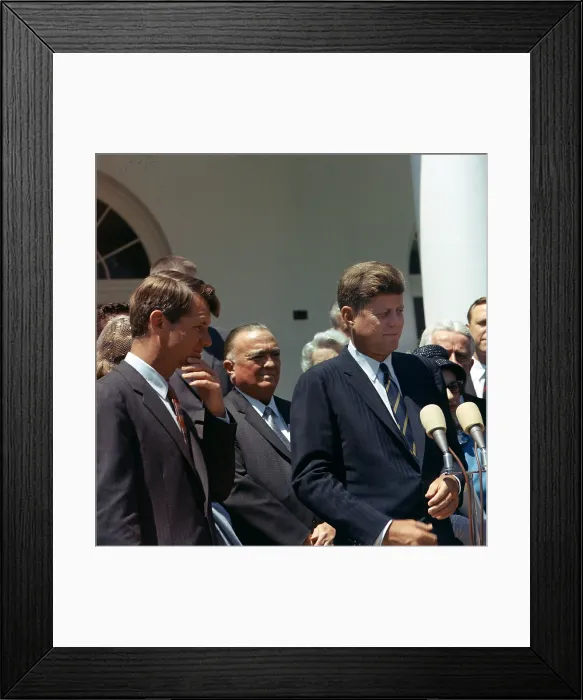 Framed Print : J. Edgar Hoover joins President John Kennedy for White House ceremony. L to R: Attorney General Robert Kennedy, J. Edgar Hoover, President Kennedy. May 7, 1963