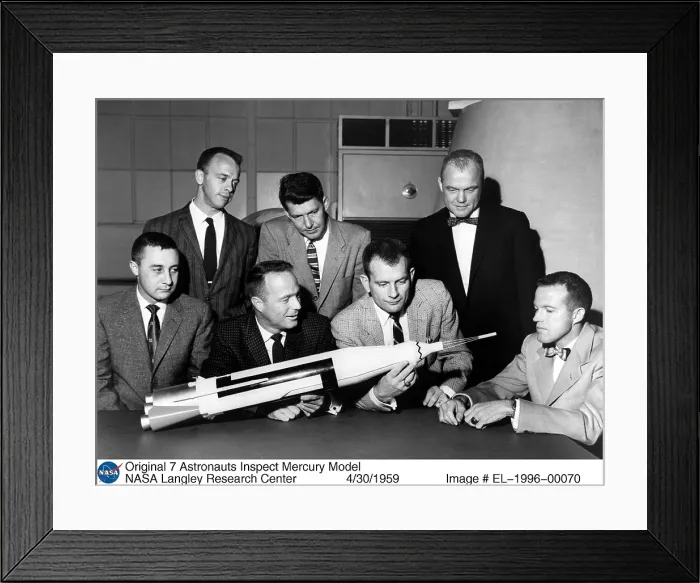 Framed Print : Project Mercury astronauts inspect Mercury model after they were introduced to the American public in April 1959. From left, front row: Gus Grissom