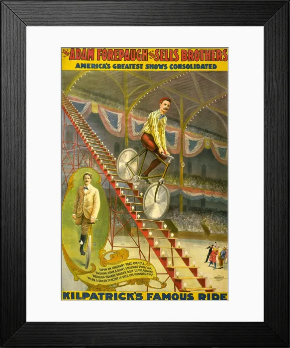 Framed Print : Stunt bicyclist Kilpatrick, who had only one leg, descending stairway on a bicycle, as clowns and audience watch. Poster for Adam Forepaugh and Sells Brothers Circus. 1900
