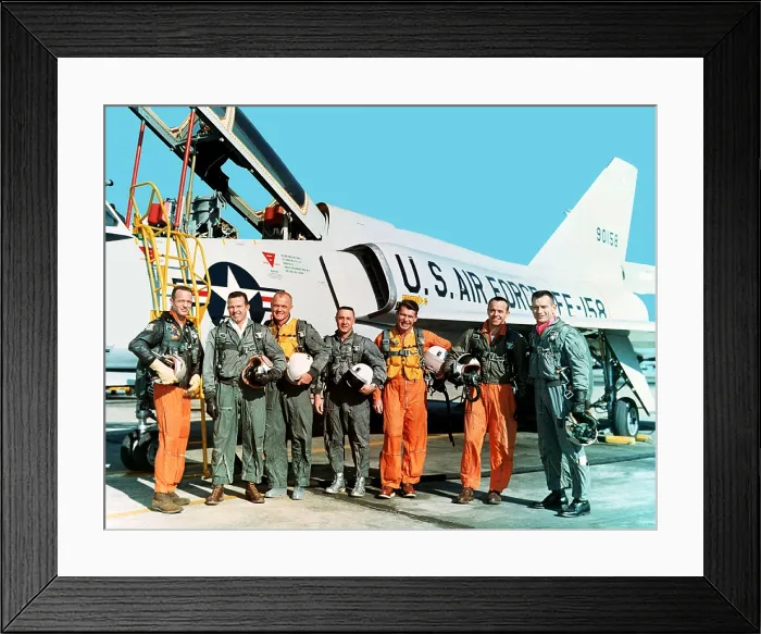 Framed Print : Original seven Project Mercury astronauts standing beside a Convair 106-B aircraft. Left to right, M. Scott Carpenter, L. Gordon Cooper Jr. John H. Glenn Jr. Virgil I Framed Print : Original seven Project Mercury astronauts standing beside a Convair 106-B aircraft. Left to right, M. Scott Carpenter, L. Gordon Cooper Jr. John H. Glenn Jr. Virgil I