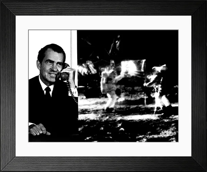 Framed Print : Nixon Telephones Neil Armstrong on the Moon. Composite image of President Nixon and crude televised image of Apollo 11 astronauts Armstrong and Aldrin at Tranquility Base