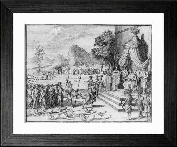 Framed Print : The King of the Congo receives Portuguese soldiers as three Christian missionaries stand beside the King Framed Print : The King of the Congo receives Portuguese soldiers as three Christian missionaries stand beside the King
