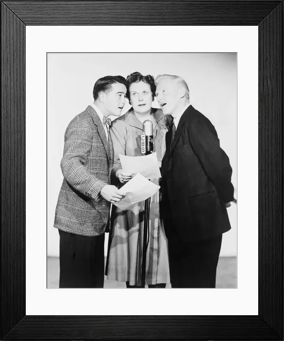 Framed Print : Dickie Jones (b.1927) at left, and other voice actors on the C.B.S. radio show THE ALDRITCH FAMILY (1938-1953), a popular radio situation comedy (1939-1953)
