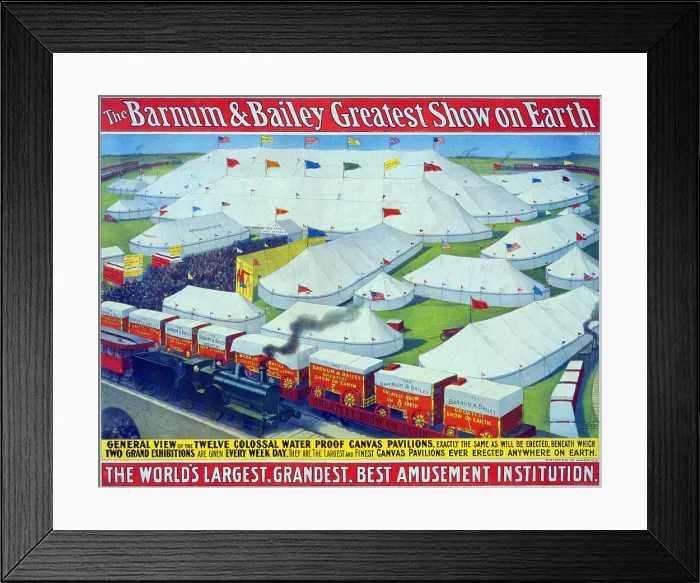 Framed Print : Poster for Barnum & Bailey circus with general view of main tent, smaller tents, a circus train, and arriving audience. 1899
