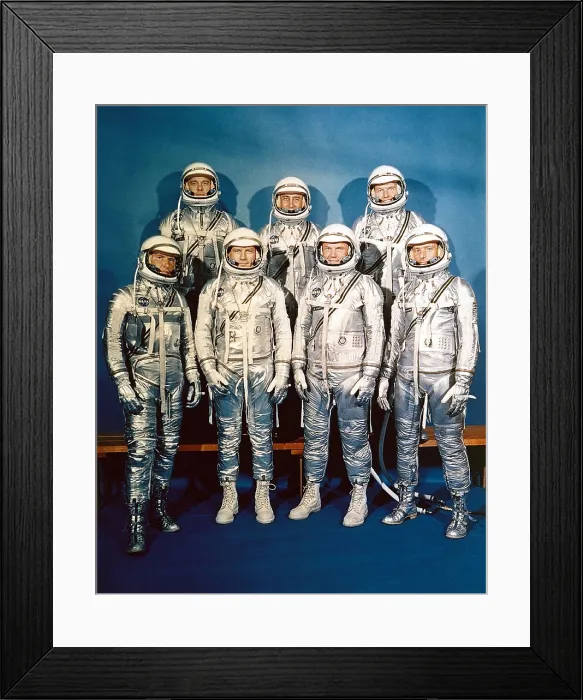 Framed Print : Project Mercury astronauts in their space suits. Front row, left to right, Walter H. Schirra Jr. Donald K. Slayton, John H. Glenn Jr. and Scott Carpenter; back row, Alan B Framed Print : Project Mercury astronauts in their space suits. Front row, left to right, Walter H. Schirra Jr. Donald K. Slayton, John H. Glenn Jr. and Scott Carpenter; back row, Alan B