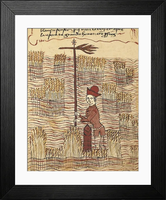 Framed Print : Treatise on Surveying' by Arnau de Vilanova (Arnaud de Villeneuve). Mss. 327, fol. 197r with a picture by Bertrand Boysset: Surveyor in a field. Gothic art