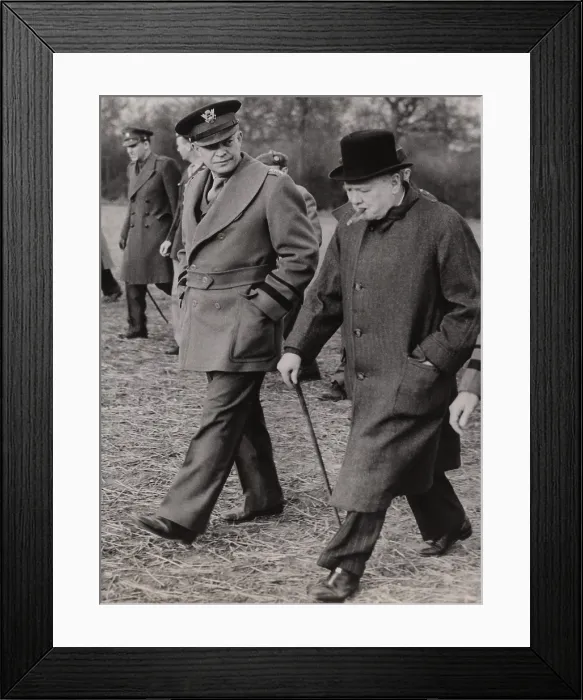 Framed Print : General Dwight Eisenhower, and Prime Minister Winston Churchill inspect a U.S. glider and paratroop invasion demonstration prior to the D-Day invasion of Normandy in 1944