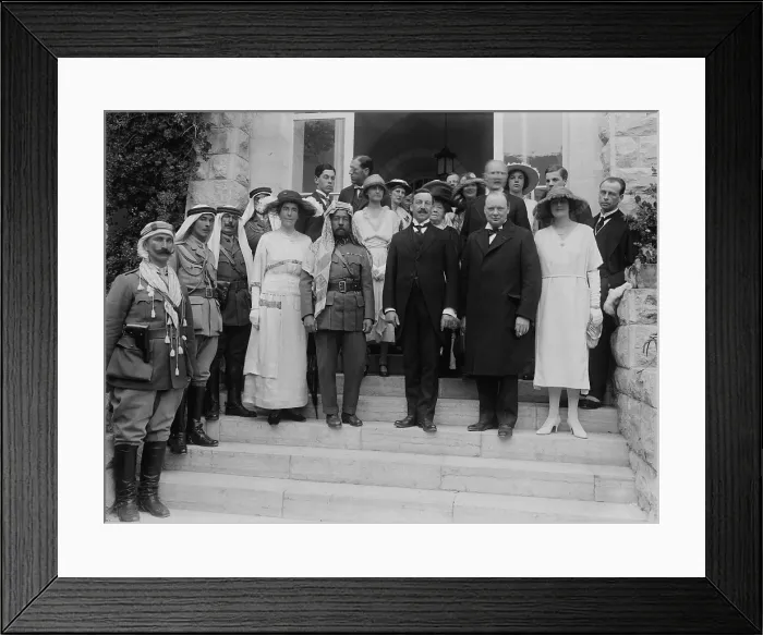 Framed Print : Mr. and Mrs. Winston Churchill, Secretary of State for the Colonies, at Government House in Jerusalem with Emir Abdullah of Transjordan and Zionist leader, Sir Herbert Samuel