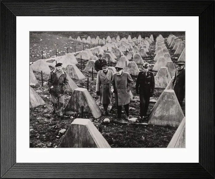 Framed Print : Winston Churchill walks among the dragons teeth (tank traps) of the fallen Siegfried Line
