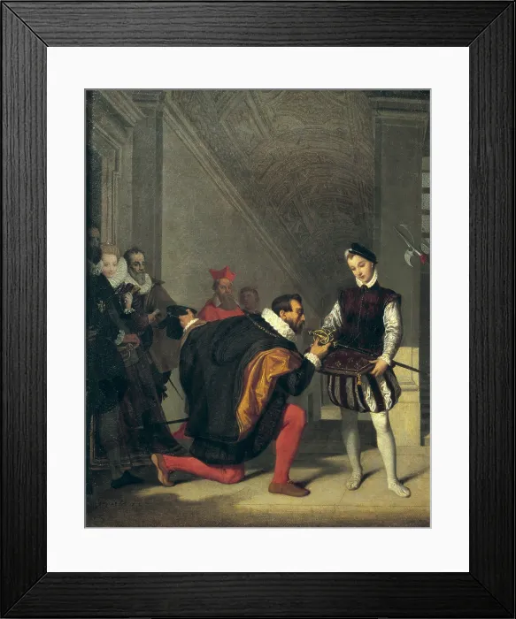Framed Print : INGRES, Jean-Auguste-Dominique (1780-1867). Don Pedro of Toledo, Ambassador of Philip of Spain, Kissing the Sword of Henri IV of France. 1831. Oil on wood. FRANCE. Paris Framed Print : INGRES, Jean-Auguste-Dominique (1780-1867). Don Pedro of Toledo, Ambassador of Philip of Spain, Kissing the Sword of Henri IV of France. 1831. Oil on wood. FRANCE. Paris
