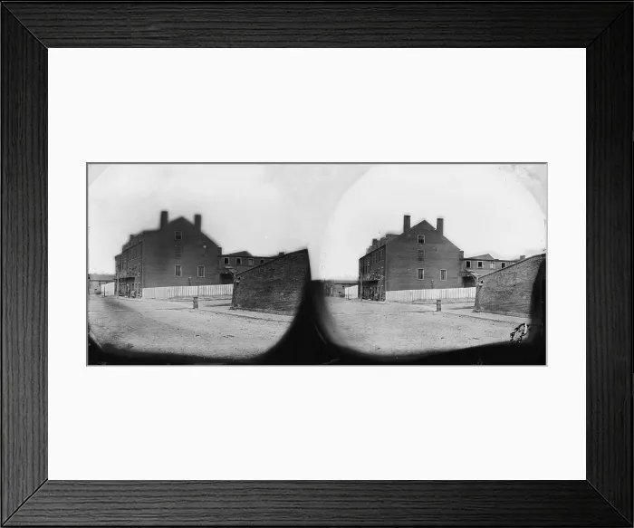 Framed Print : The Civil War, Castle Thunder, warehouse used as a prison, Richmond, Virginia, stereo photograph, April, 1865