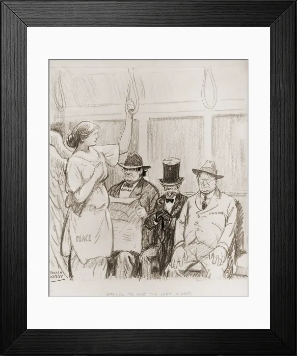 Framed Print : REFUSING TO GIVE THE LADY A SEAT. Senators Borah, Lodge, and Johnson occupy the bus seats as the figure of Peace stands Framed Print : REFUSING TO GIVE THE LADY A SEAT. Senators Borah, Lodge, and Johnson occupy the bus seats as the figure of Peace stands