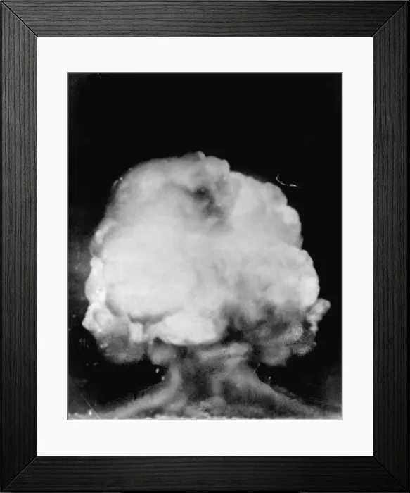 Framed Print : Mushroom cloud seen six miles away following the detonation of the first atomic bomb, July 16, 1945, in the New Mexico desert