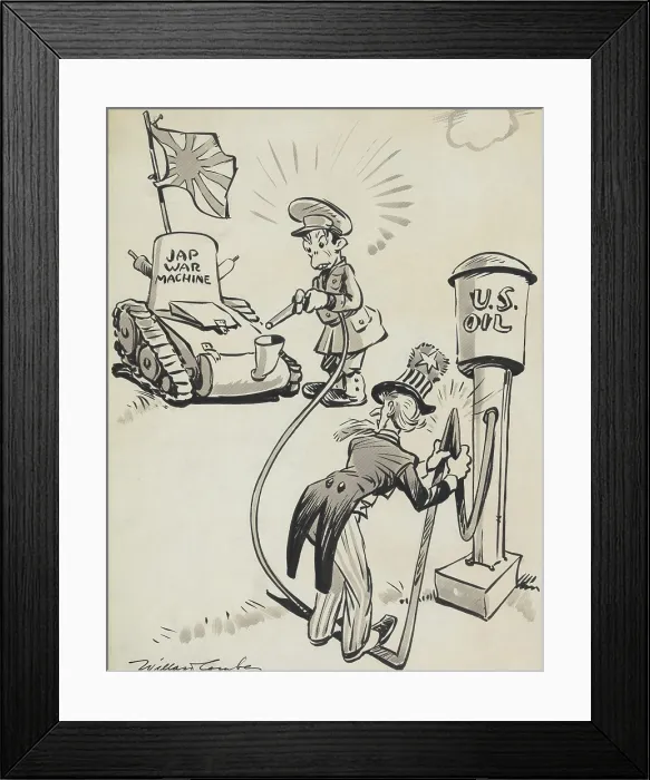 Framed Print : Uncle Sam blocking the flow of an oil pump to a Japan. The U.S. ceased oil exports to Japan in the summer of 1941, after Japanese invaded French Indochina Framed Print : Uncle Sam blocking the flow of an oil pump to a Japan. The U.S. ceased oil exports to Japan in the summer of 1941, after Japanese invaded French Indochina