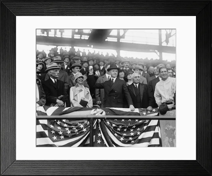 Framed Print : President Calvin Coolidge (1872-33), with wife Grace and Sec. of Treasury Andrew Mellon, opens the Baseball season by throwing out the first ball, Apr. 22, 1924