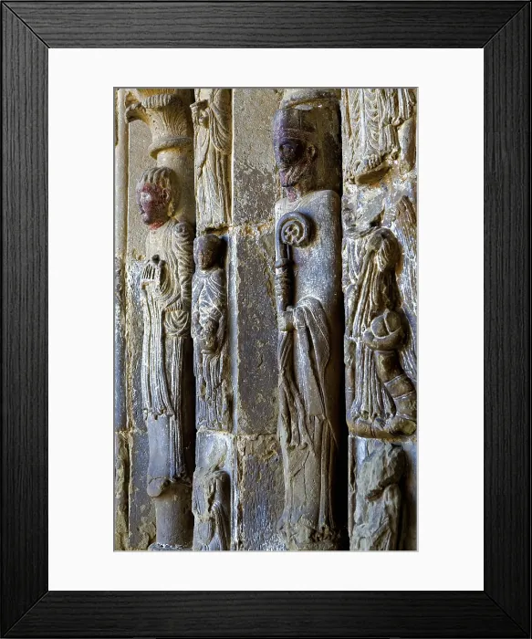 Framed Print : SPAIN. Sos del Rey Catolico. St Stephen Church. 11th century. Detail of column's relief below the portico's archivolts. Romanesque art. Sculpture on rock