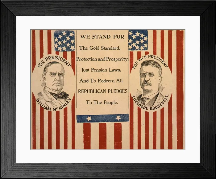 Framed Print : Campaign poster for William McKinley and Theodore Roosevelt, with portraits of each, on United States flag background, proclaiming, 'We stand for the gold standard.'
