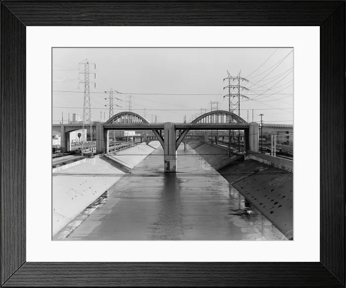 Framed Print : Los Angeles River and the Sixth Street Bridge, an example of Moderne design with detailing referred to as Starved Classicism, designed by Merrill Butler in 1932