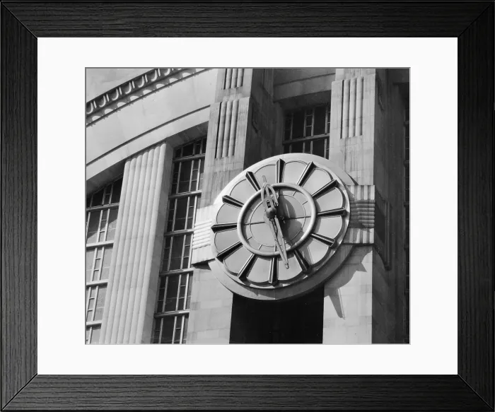 Framed Print : Cincinnati Union Terminal, clock on east front, constructed in 1933, partially demolished in 1974, Cincinnati, Ohio, photograph circa early 1970s