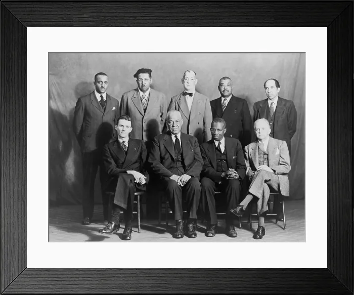 Framed Print : Defendants and NAACP counsel in Columbia, Tennessee, during trials related to the race riot of February 25-26, 1946. Attorneys Z