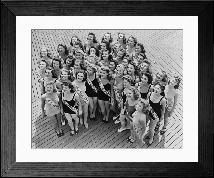 Framed Print : Miss America contestants huddle together on the Boardwalk in Atlantic City, New Jersey. 1941