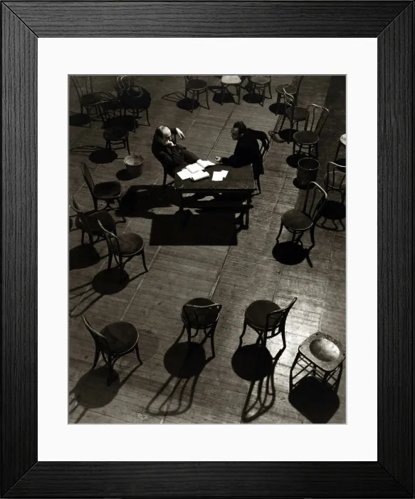 Framed Print : Viewed from above, actor Morris Carnovsky, and director Lee Strasberg, discuss the play, The Case of Clyde Griffiths Framed Print : Viewed from above, actor Morris Carnovsky, and director Lee Strasberg, discuss the play, The Case of Clyde Griffiths