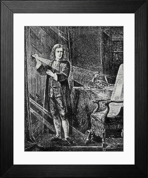 Framed Print : Newton, Sir Isaac (1642-1727). Newton analyzing a light beam. Engraving. FRANCE. Paris. National Library. AISA / Everett Collection**US SALES ONLY** Framed Print : Newton, Sir Isaac (1642-1727). Newton analyzing a light beam. Engraving. FRANCE. Paris. National Library. AISA / Everett Collection**US SALES ONLY**