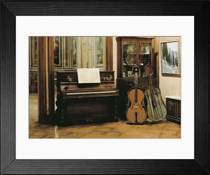 Framed Print : CASALS, Pau (1876-1973). Piano from Prades where Casals composed the oratorio 'El Pessebre' (The Manger) and cello. SPAIN. El Vendrell. Pau Casals House Museum