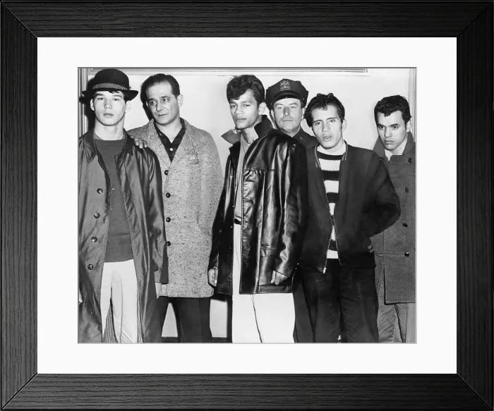 Framed Print : Teenage members of the Brooklyn Puerto Rican gang the Mau Maus, arrested in the fatal shootingof a rival gang member, Anthony Labanchino