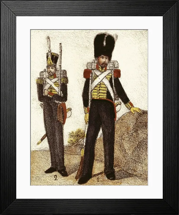 Framed Print : Spain (1833). Province Royal Guard. Grenadiers (1) and Hunterss (2), . Litography. SPAIN. Madrid. National Library Framed Print : Spain (1833). Province Royal Guard. Grenadiers (1) and Hunterss (2), . Litography. SPAIN. Madrid. National Library