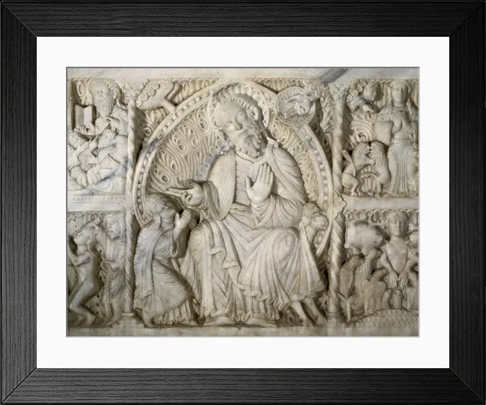 Framed Print : Saint Paul indoctrinating Saint Tecla. 13th c. SPAIN. Tarragona. Cathedral of St. Mary. Altar frontal. Romanesque art. Relief on marble. - J Framed Print : Saint Paul indoctrinating Saint Tecla. 13th c. SPAIN. Tarragona. Cathedral of St. Mary. Altar frontal. Romanesque art. Relief on marble. - J