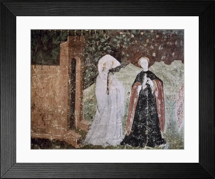 Framed Print : Cycle of the Months. 1391-1407. ITALY. Trento. Castle Buonconsiglio. Eagle's Tower. The Month of June. Pair of ladies. Detail of two women going for a walk Framed Print : Cycle of the Months. 1391-1407. ITALY. Trento. Castle Buonconsiglio. Eagle's Tower. The Month of June. Pair of ladies. Detail of two women going for a walk