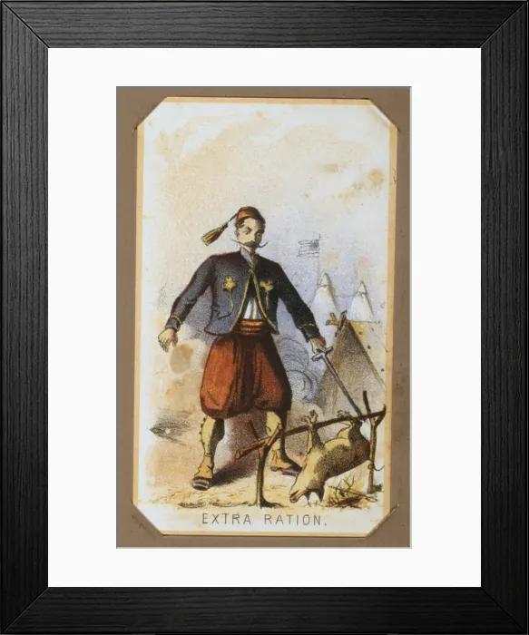 Framed Print : The Civil War, Life in Camp, Extra Ration, with member of the Zouave Unit, souvenir card showing the daily life of Union soldiers on the front, in the camp and on furlough Framed Print : The Civil War, Life in Camp, Extra Ration, with member of the Zouave Unit, souvenir card showing the daily life of Union soldiers on the front, in the camp and on furlough
