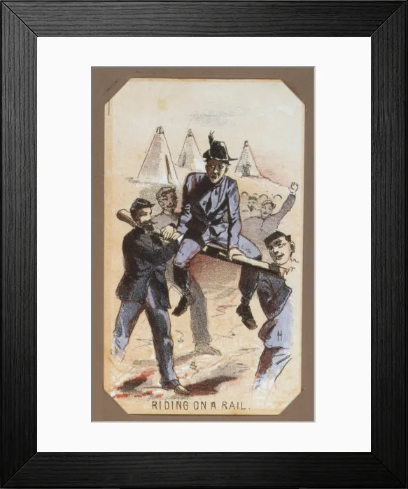 Framed Print : The Civil War, Life in Camp, Riding On A Rail, souvenir card showing the daily life of Union soldiers on the front, in the camp and on furlough, chromolithograph by Winslow Homer