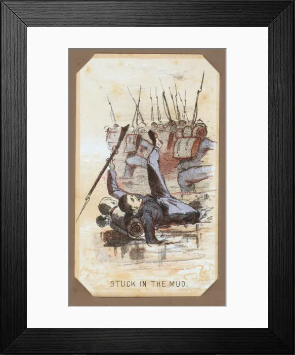 Framed Print : The Civil War, Life in Camp, Stuck In the Mud, souvenir card showing the daily life of Union soldiers on the front, in the camp and on furlough, chromolithograph by Winslow Homer