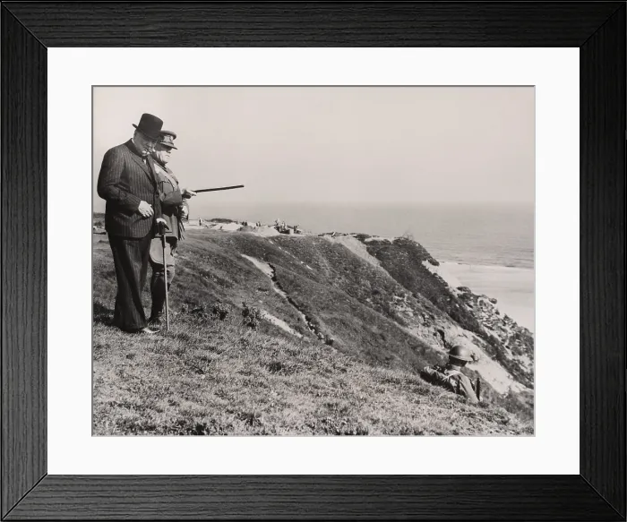 Framed Print : Prime Minister Winston Churchill (1874-1965), guided by an Army officer, surveys the coastal fortifications along England's coast
