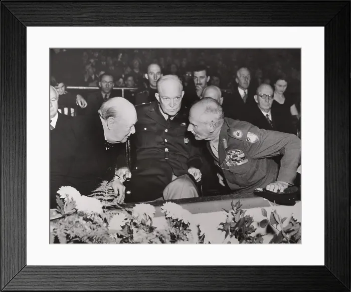 Framed Print : Winston Churchill, General Dwight D. Eisenhower, Field Marshall Viscount Montgomery (right) at the annual reunion of the British 8th Army Desert Rats, Empress Hall, London Framed Print : Winston Churchill, General Dwight D. Eisenhower, Field Marshall Viscount Montgomery (right) at the annual reunion of the British 8th Army Desert Rats, Empress Hall, London