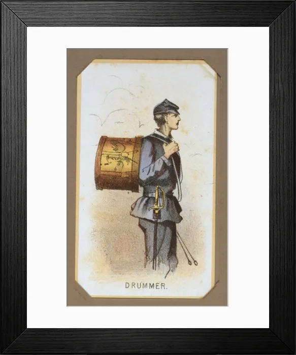 Framed Print : The Civil War, Life in Camp, Drummer, souvenir card showing the daily life of Union soldiers on the front, in the camp and on furlough, chromolithograph by Winslow Homer
