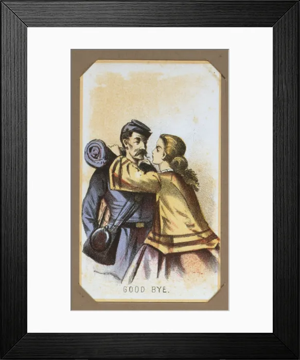 Framed Print : The Civil War, Life in Camp, Good Bye, souvenir card showing the daily life of Union soldiers on the front, in the camp and on furlough, chromolithograph by Winslow Homer