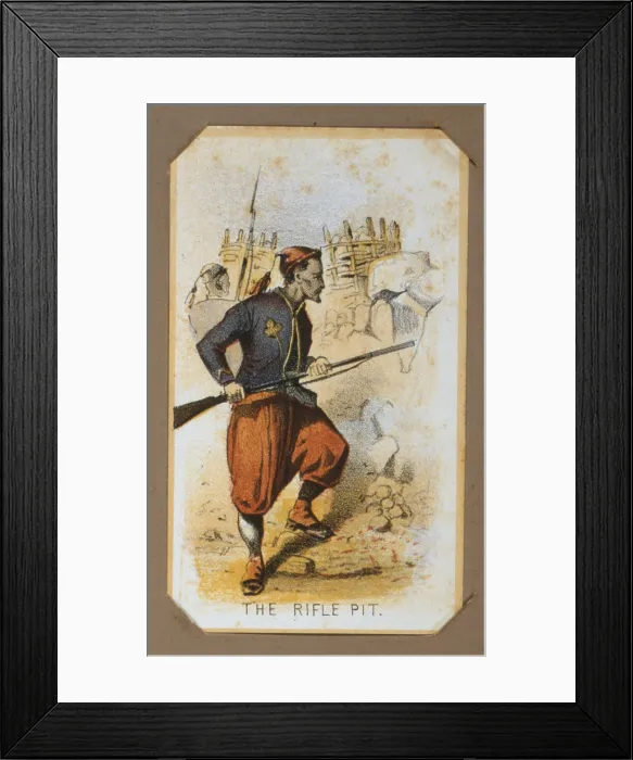 Framed Print : The Civil War, Life in Camp, The Rifle Pit, with member of the Zouave Unit, souvenir card showing the daily life of Union soldiers on the front, in the camp and on furlough