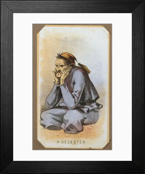 Framed Print : The Civil War, Life in Camp, A Deserter, member of the Zouave Unit, souvenir card showing the daily life of Union soldiers on the front, in the camp and on furlough Framed Print : The Civil War, Life in Camp, A Deserter, member of the Zouave Unit, souvenir card showing the daily life of Union soldiers on the front, in the camp and on furlough