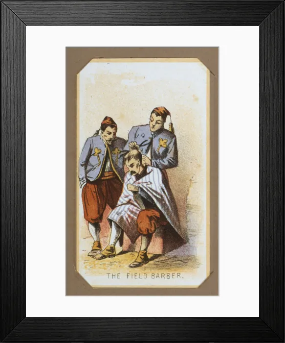Framed Print : The Civil War, Life in Camp, The Field Barber, with members of the Zouave Unit, souvenir card showing the daily life of Union soldiers on the front, in the camp and on furlough