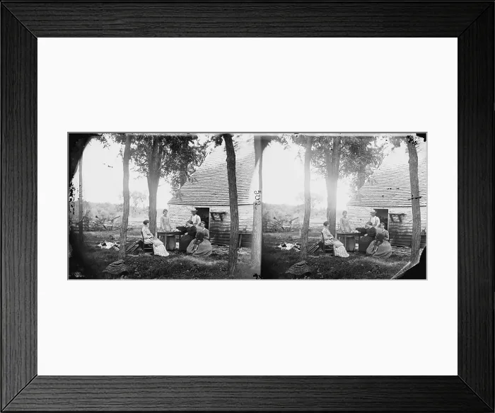 Framed Print : The Civil War, family group before the house in which Confederate General Charles S. Winder, died, Cedar Mountain, Virginia, stereo photograph by Timothy H