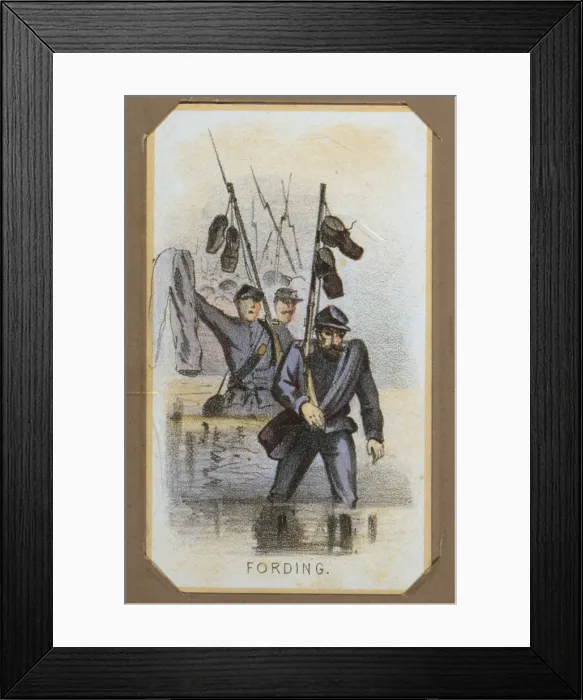 Framed Print : The Civil War, Life in Camp, Fording, souvenir card showing the daily life of Union soldiers on the front, in the camp and on furlough, chromolithograph by Winslow Homer