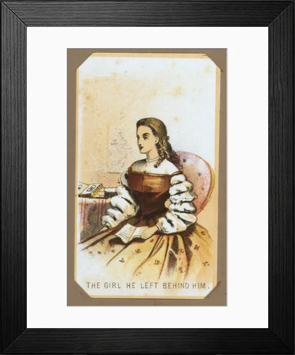 Framed Print : The Civil War, Life in Camp, The Girl He Left Behind Him, souvenir card showing the daily life of Union soldiers on the front, in the camp and on furlough
